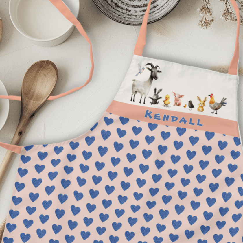 kids farm apron pink blue hearts pattern with name