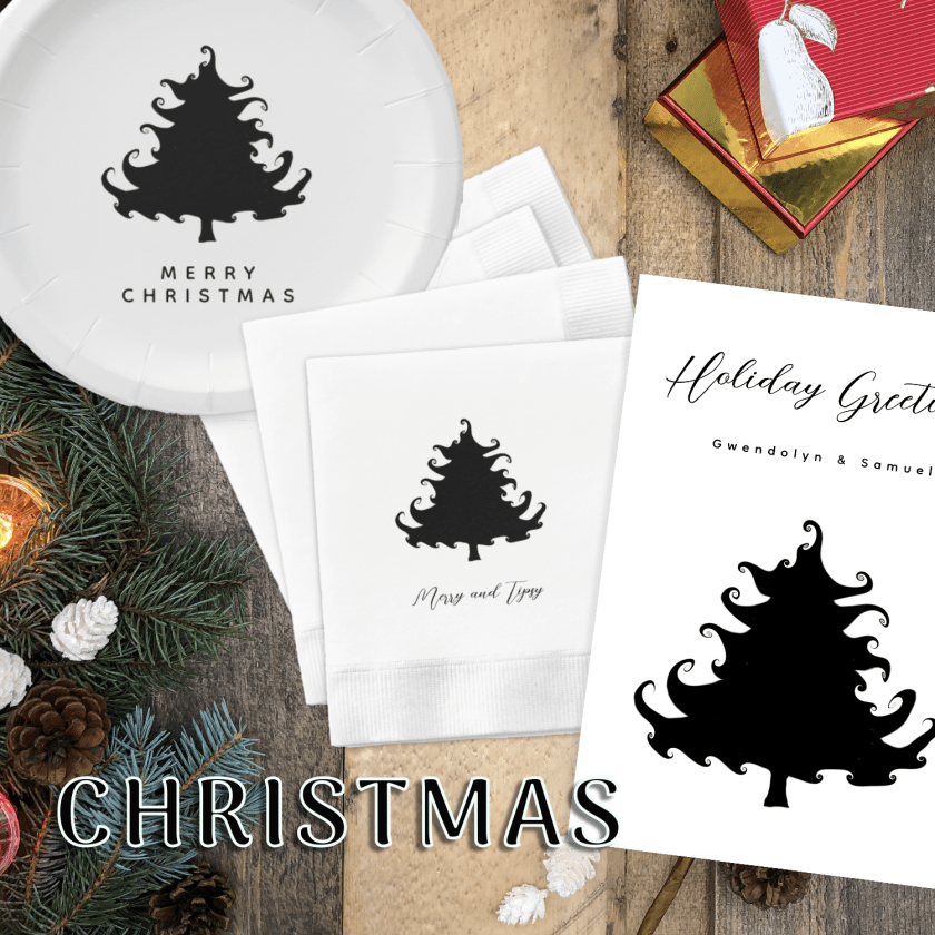 Christmas tree black and white cards, invitations, party goods.