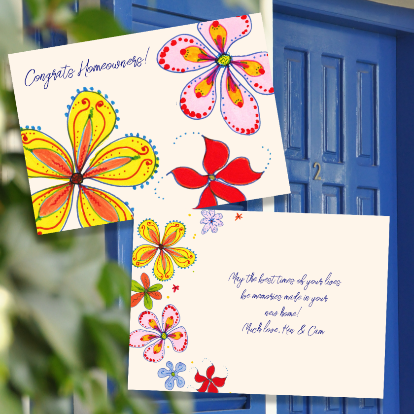 new home congratulations cards with hand drawn flowers design and message