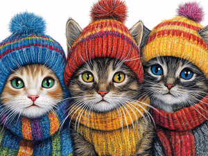 Cats wearing wool hats and scarves.