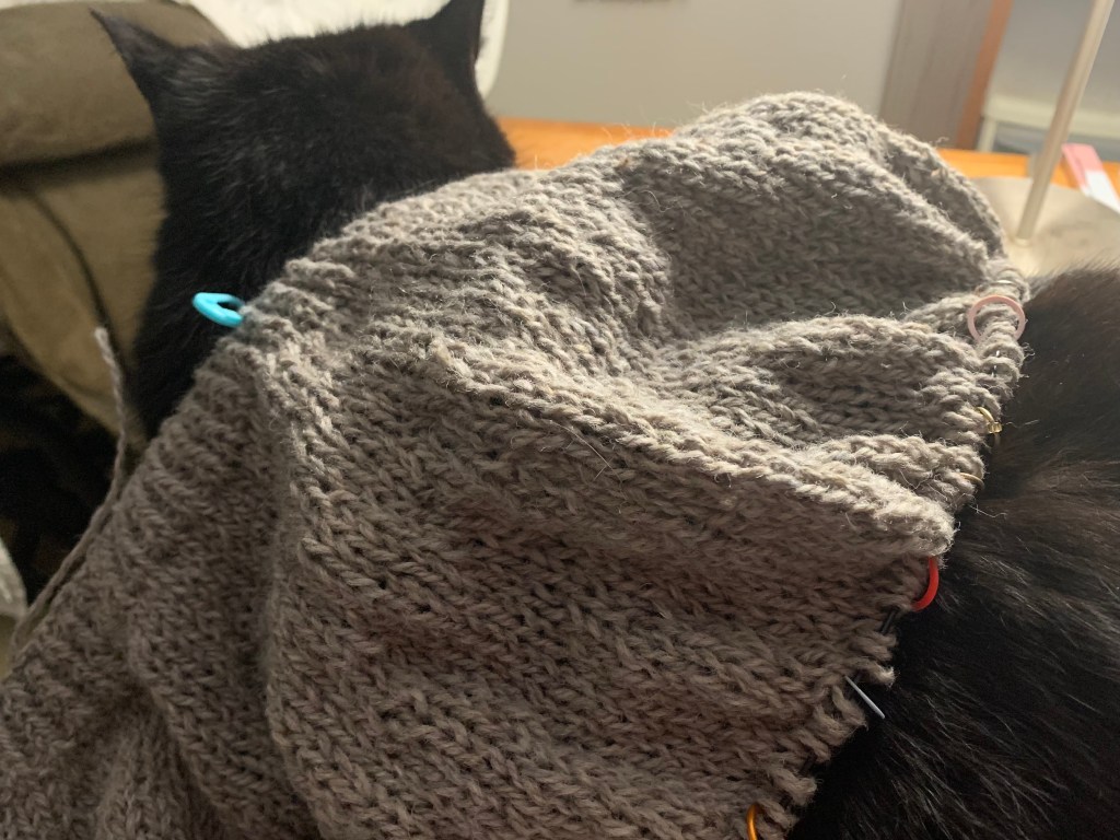 Magnolia chunky cardigan knitting project on black cat