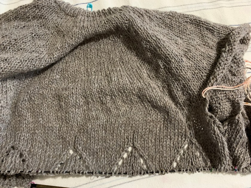 Bottom lace section begun on the Magnolia Chunky cardigan.
