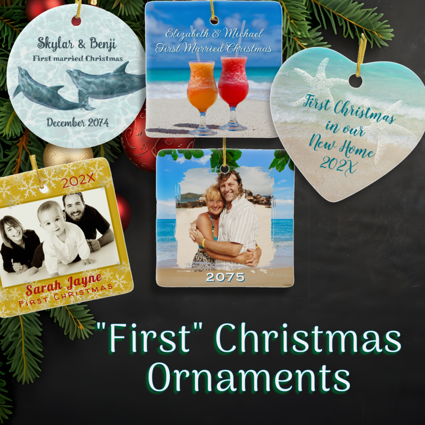 Christmas ornaments commemorating a first - baby, home, married