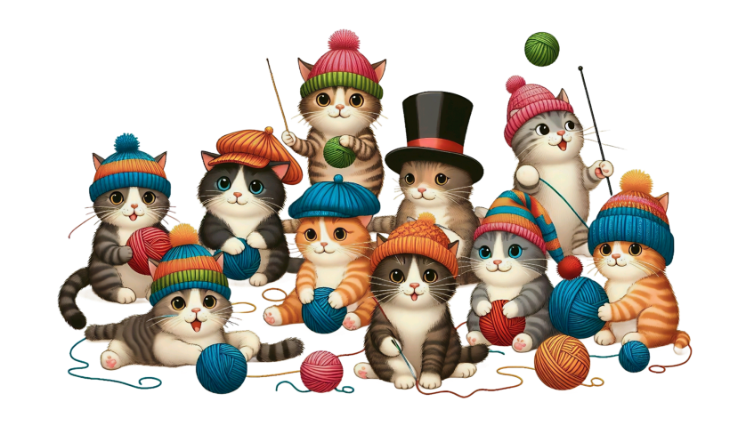 divider Group of cats, wearing hats and playing with balls of yarn