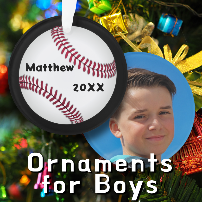 A collection of custom Christmas ornaments for boys.