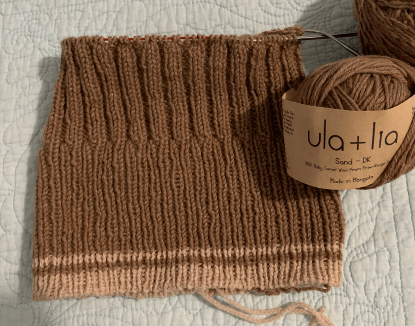 Dual loops beanie knitting project in camel yarn
