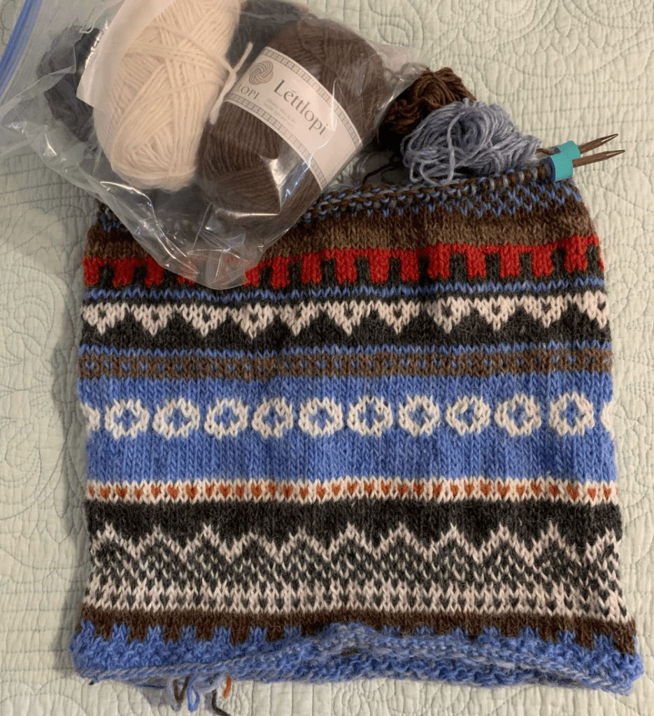Colorwork knitting project using Lettlopi wool