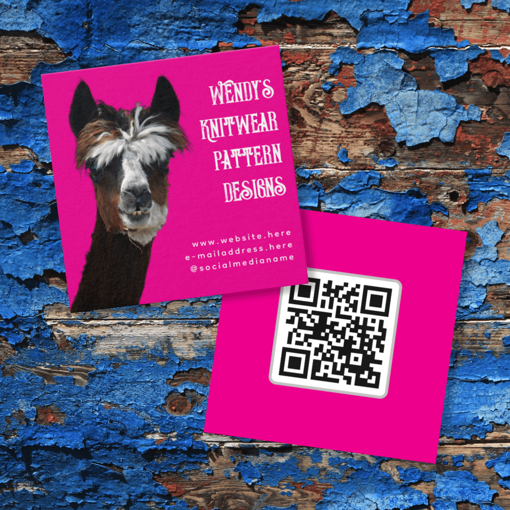 Hot pink yarn, knitting business cards llama face and QR code
