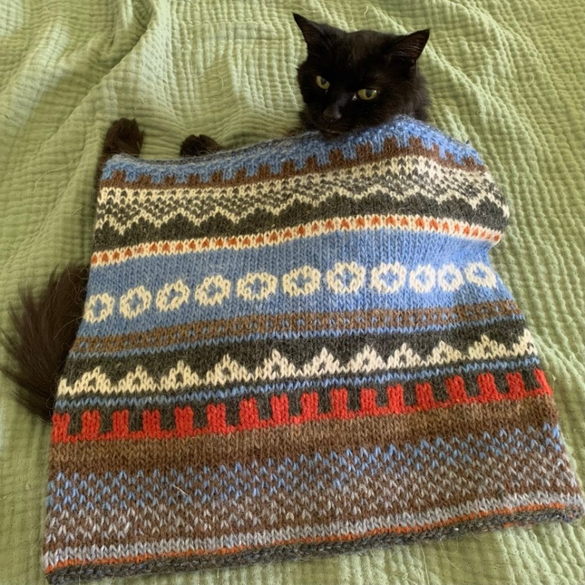Hand knit Skibum chair pad on top of black cat