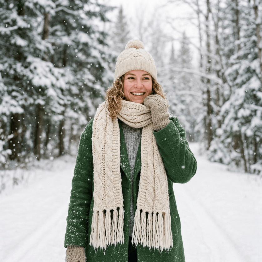 Smiling woman wearing green coat, cream scarf, hat, and mittens in snowy forest