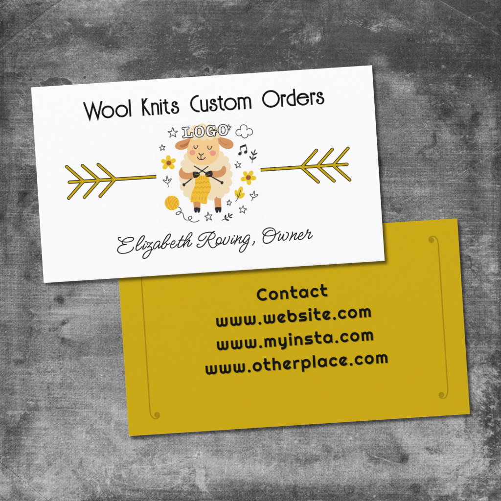Knitting, wool, fiber business card with logo template in gold and white