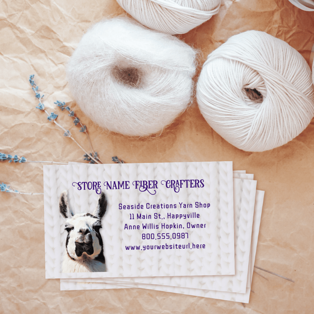 Llama business cards for yarn shop or fiber company