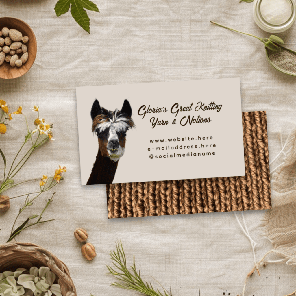 Llama business cards for a yarn shop or company