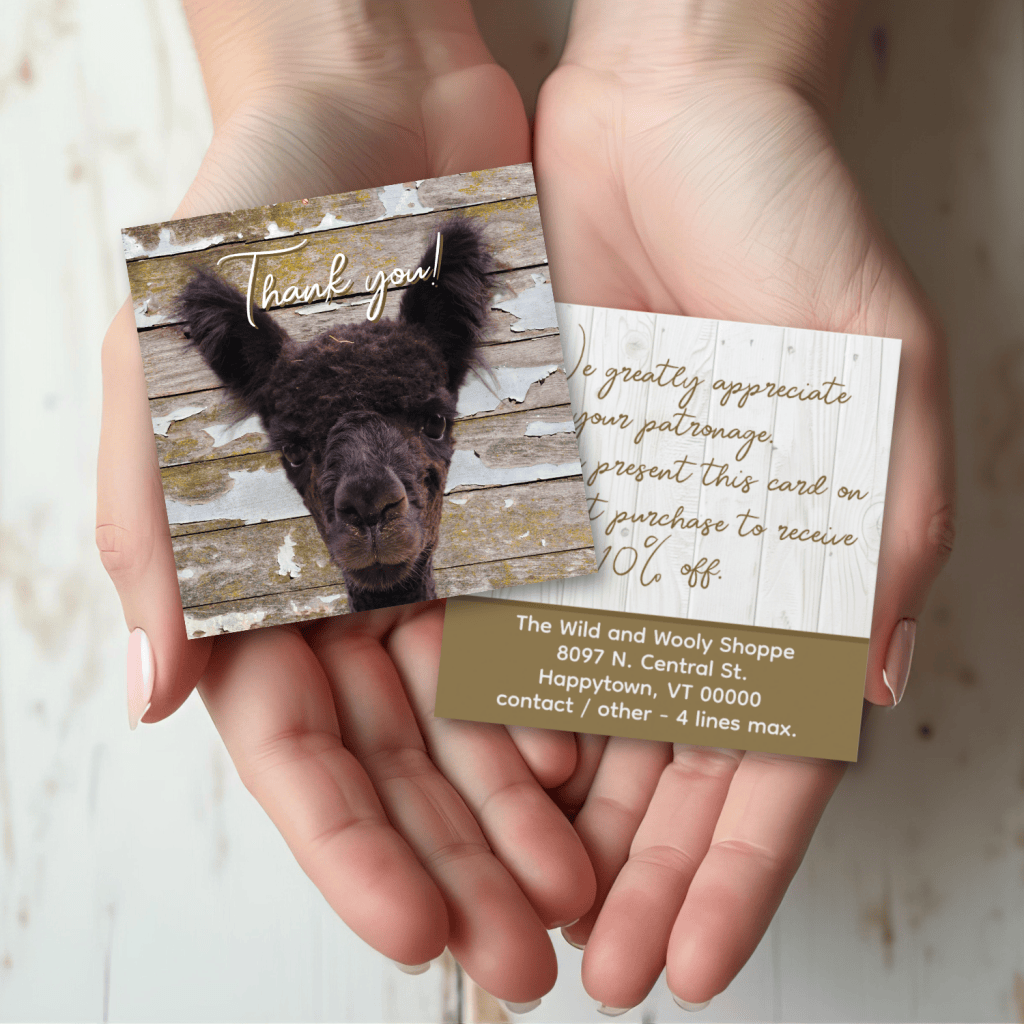 alpaca square discount cards for yarn shop or company, with thank you message for customers