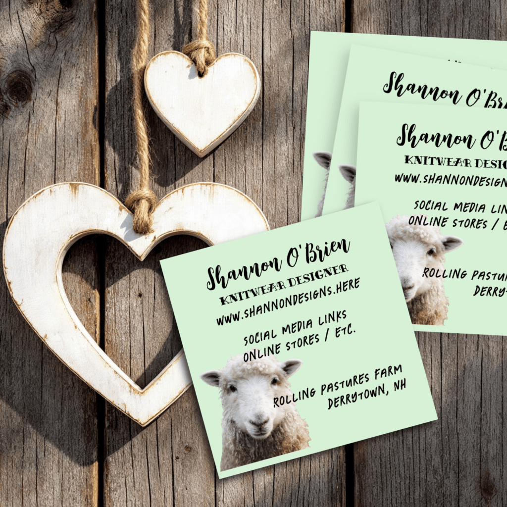 Sheep business cards for a knitwear designer. Square, light green cards with black text templates