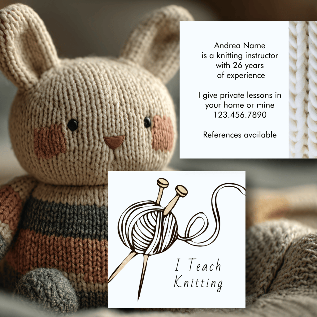 Knitting instructor white business cards with double sided design. "I teach knitting" on the front with a ball of yarn and space for lots of text on the back.