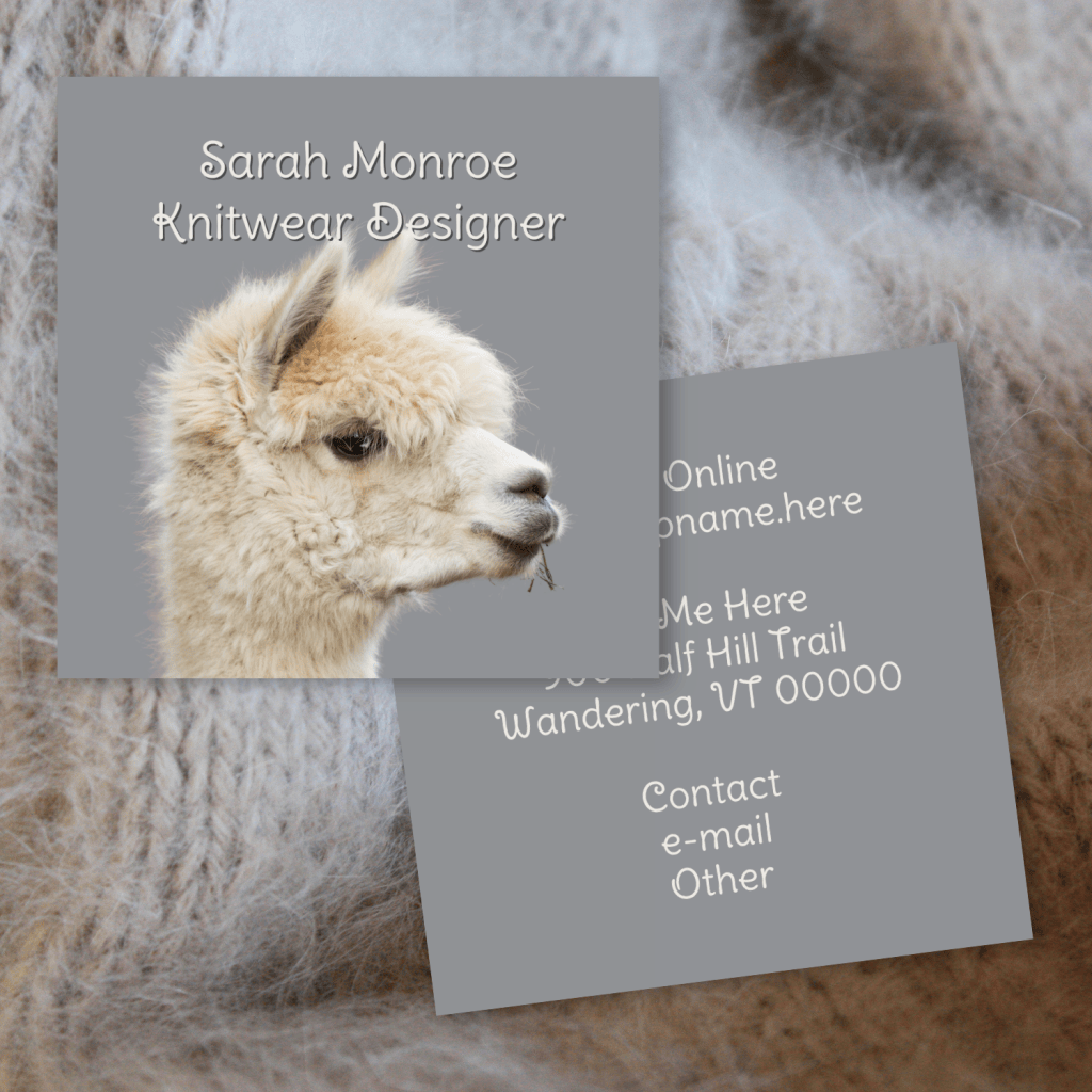 Square business cards with white alpaca for a knitwear pattern designer