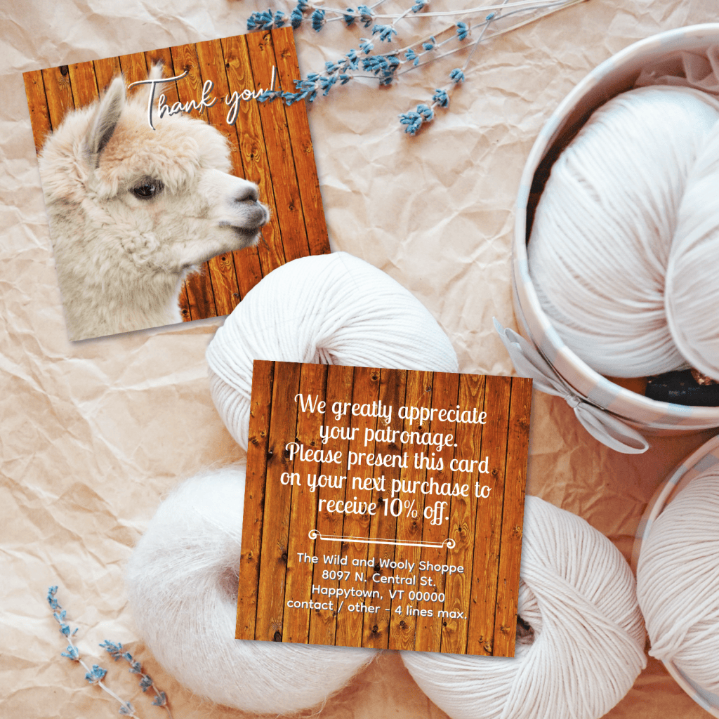 fiber arts thank you loyalty cards with discount text option