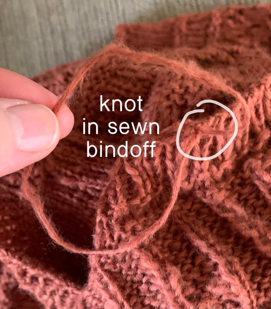 Yarn used to sew a bind off has created a knot