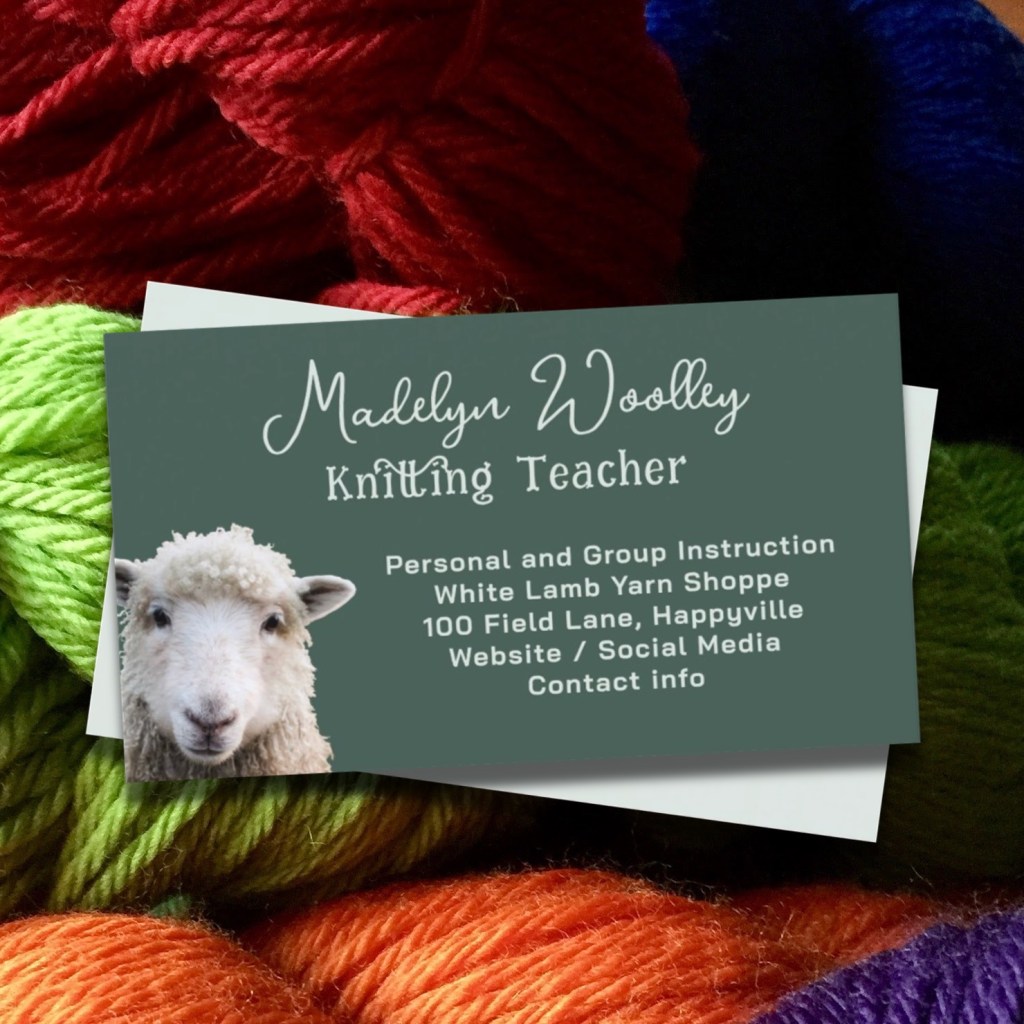 Dark green knitting teacher business cards with lamb / sheep face and off-white text