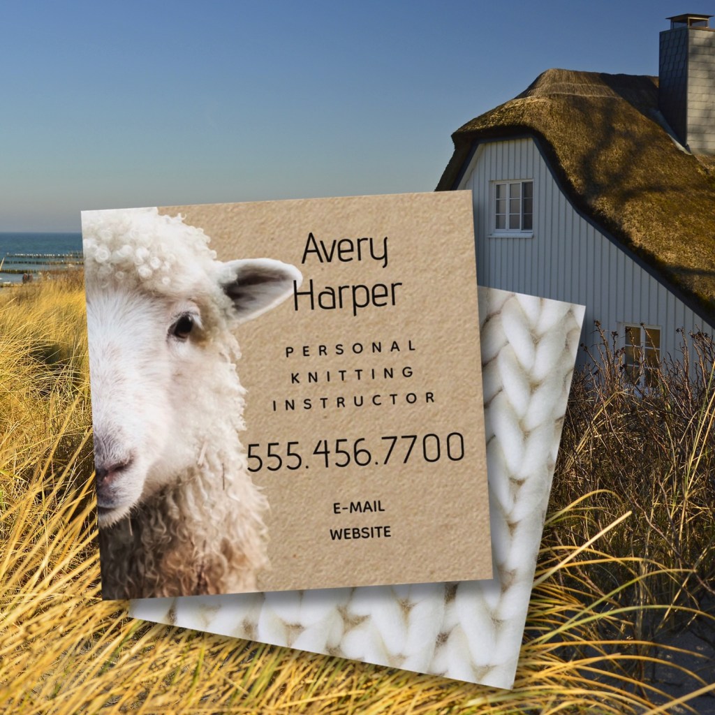 Sheep face square business cards on craft paper for knitting teacher