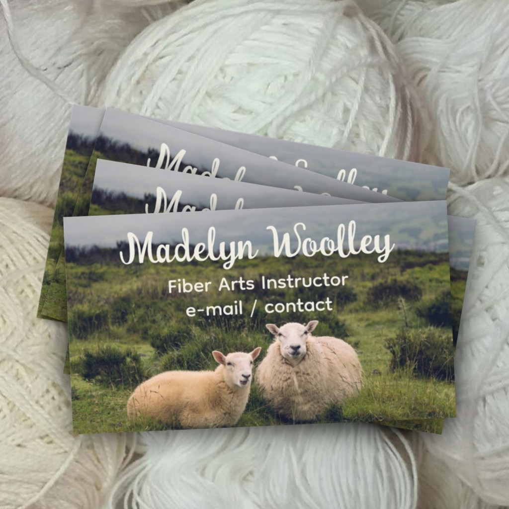 Knitting instructor, teacher business cards with sheep in a meadow