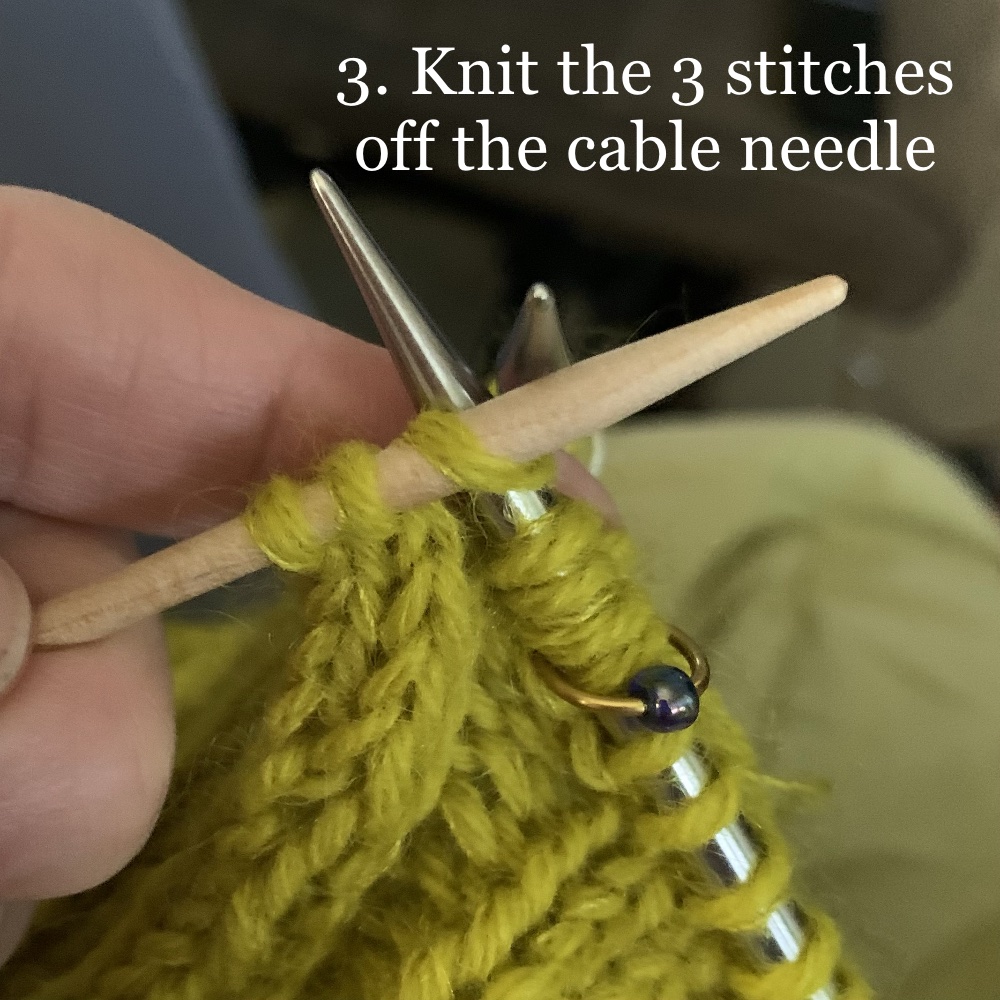 Finish knitting the cable stitch by knitting off the cable needle.