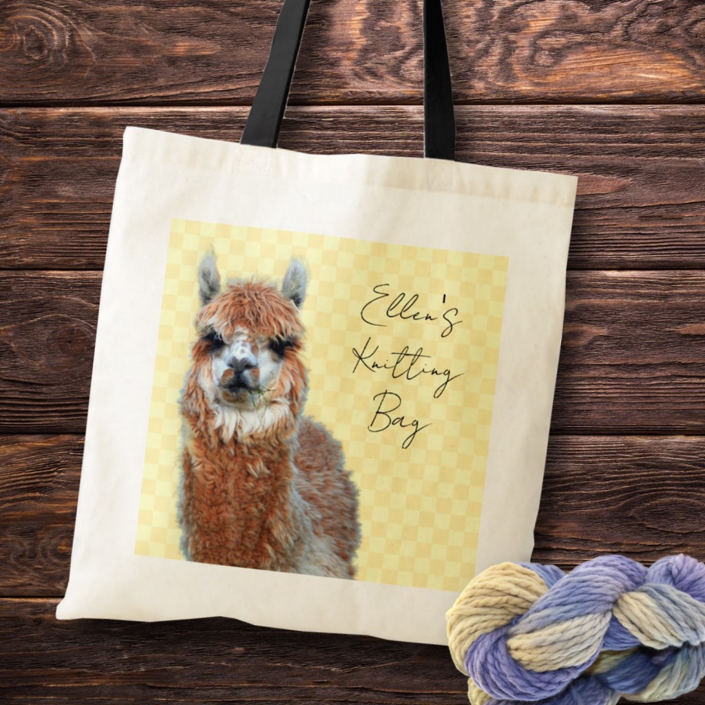 cotton tote bag, knitting project bag with tan llama animal and text