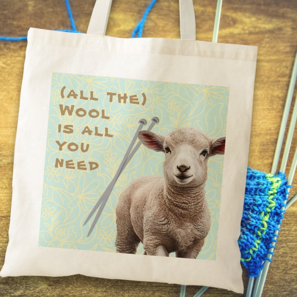 sheep cotton tote bag with saying for knitting