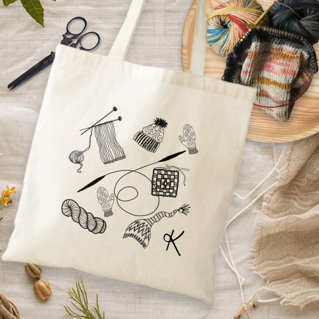 Knitting tote bag cotton with artwork fiber crafts design
