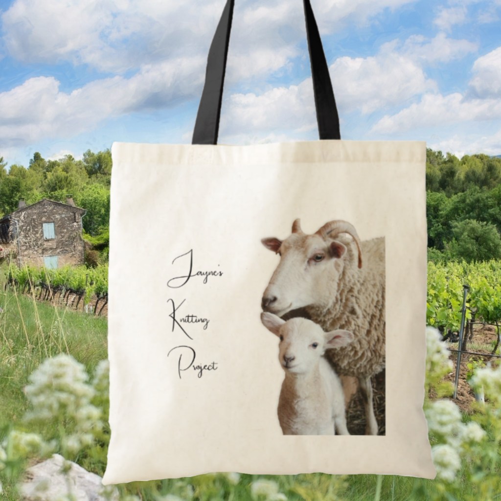 knitting project tote bag with sheep and lamb and text on cotton