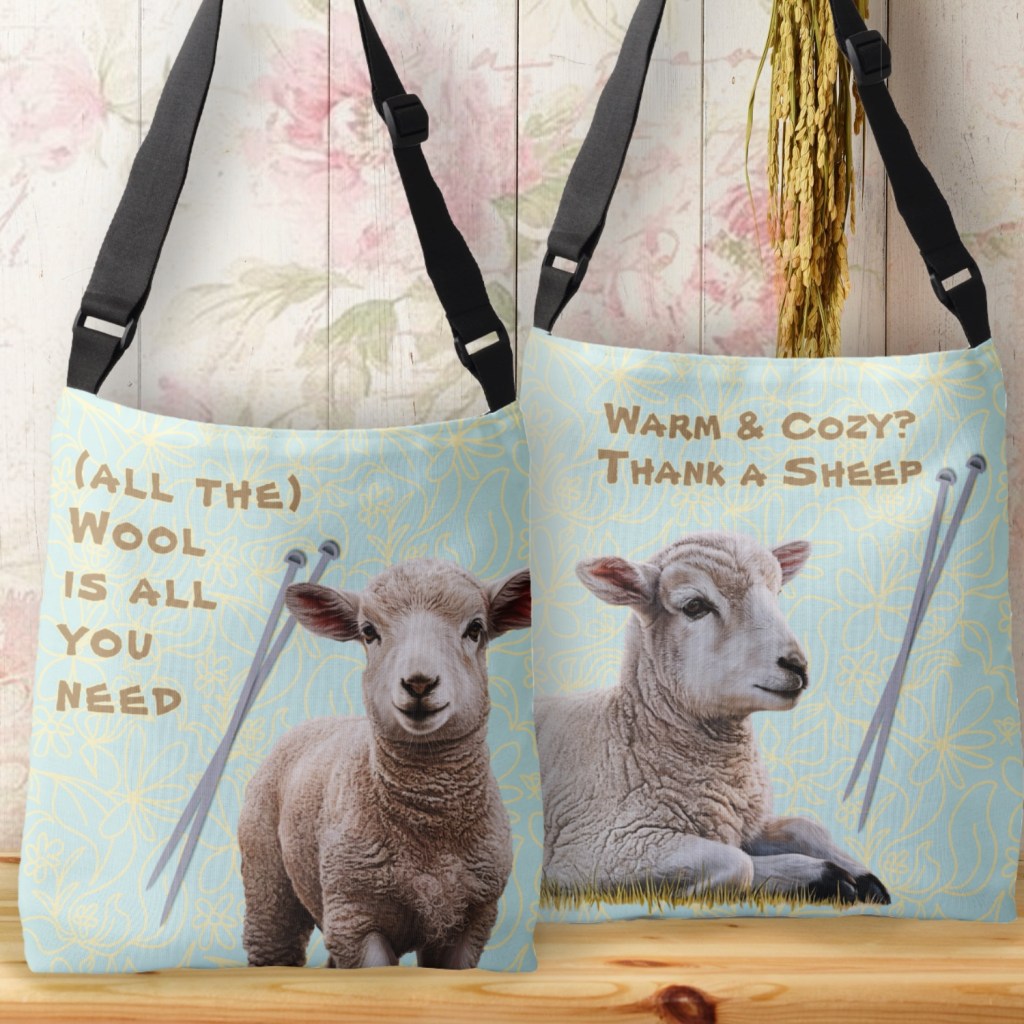 knitting projects bag with sheep and saying