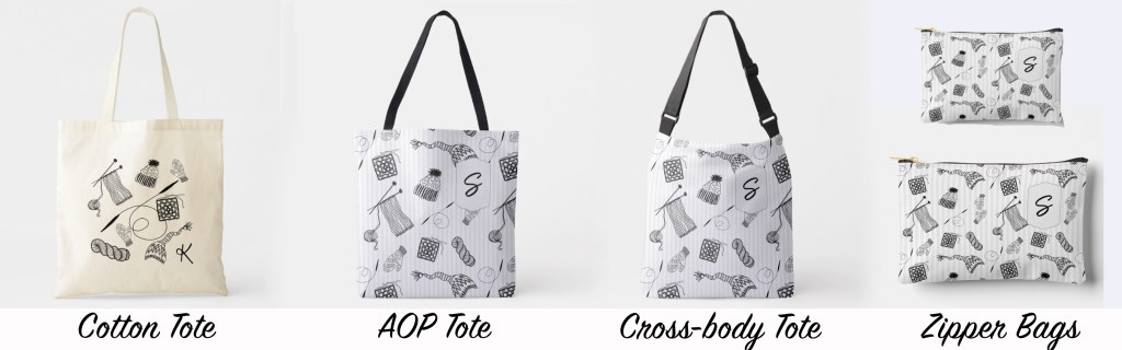 Four styles of knitting bags for holding projects or notions.  Cotton tote, all-over print tote and crossbody bags and zipper bags in two sizes.