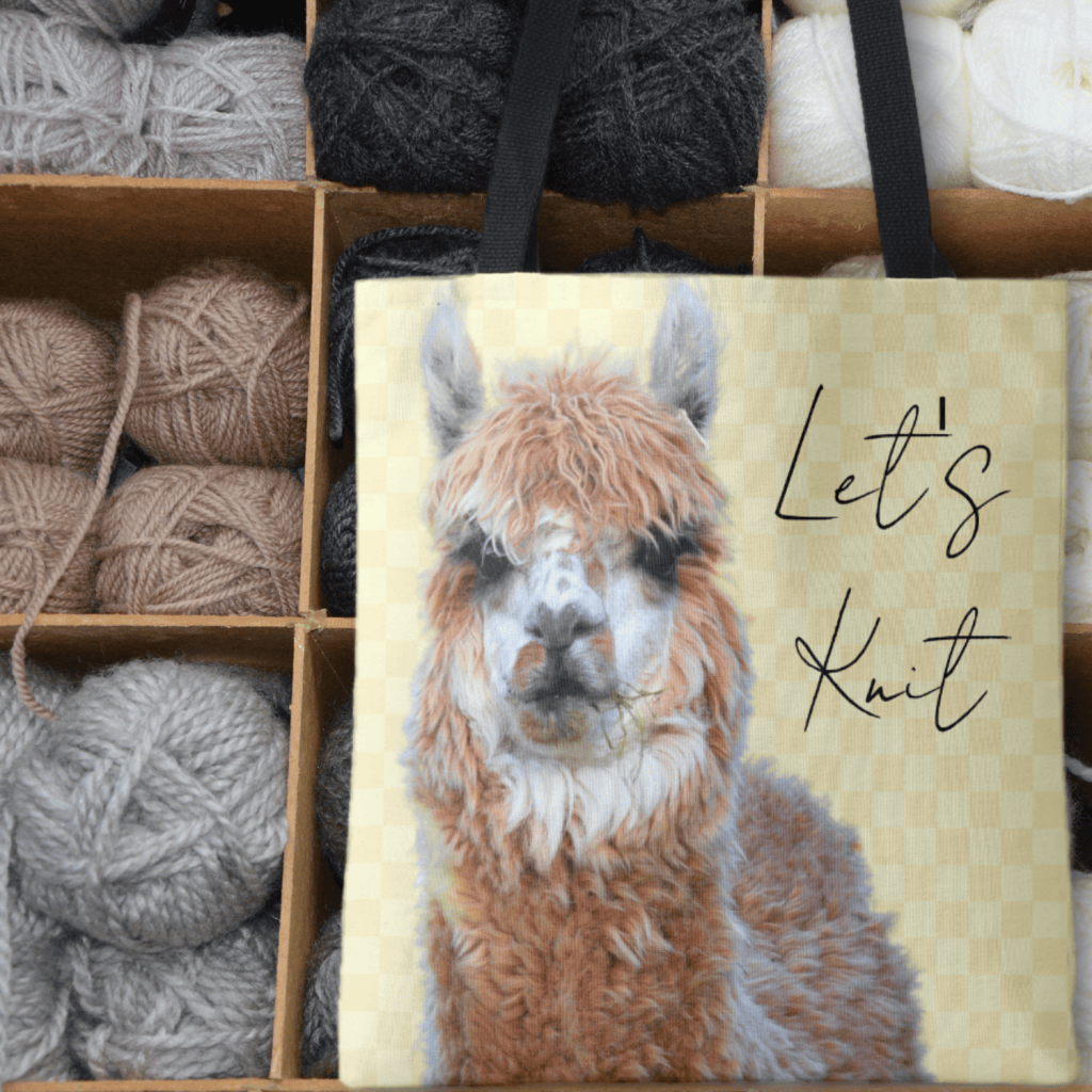 knitting project bag with llama image on yellow with let's knit text