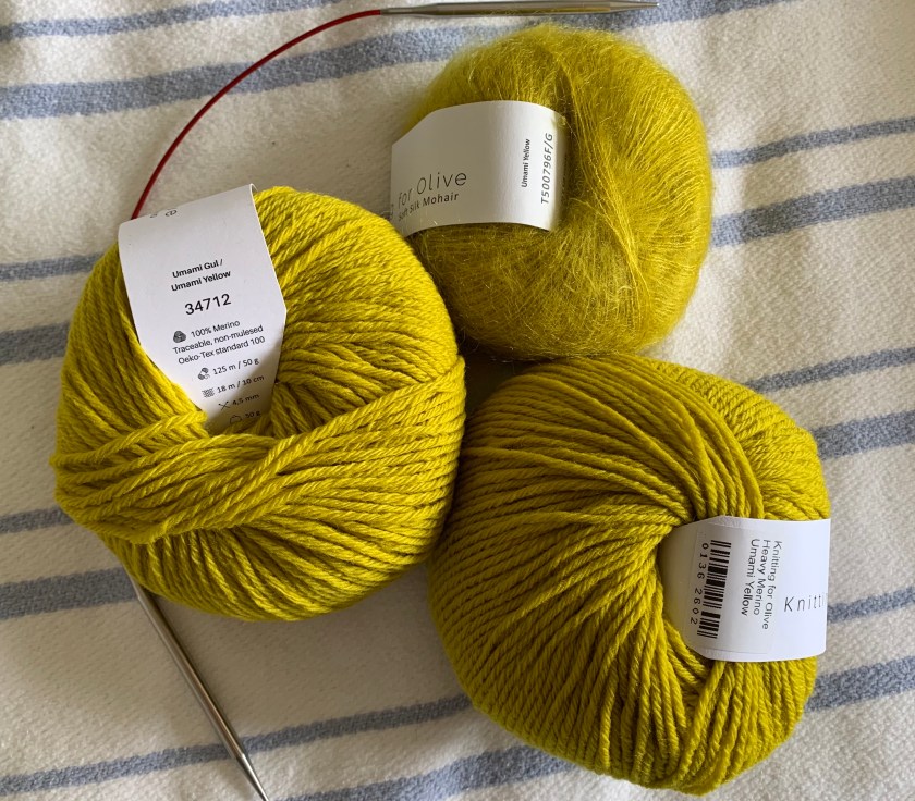 Knitting for Olive Umami yellow merino yarn and mohair