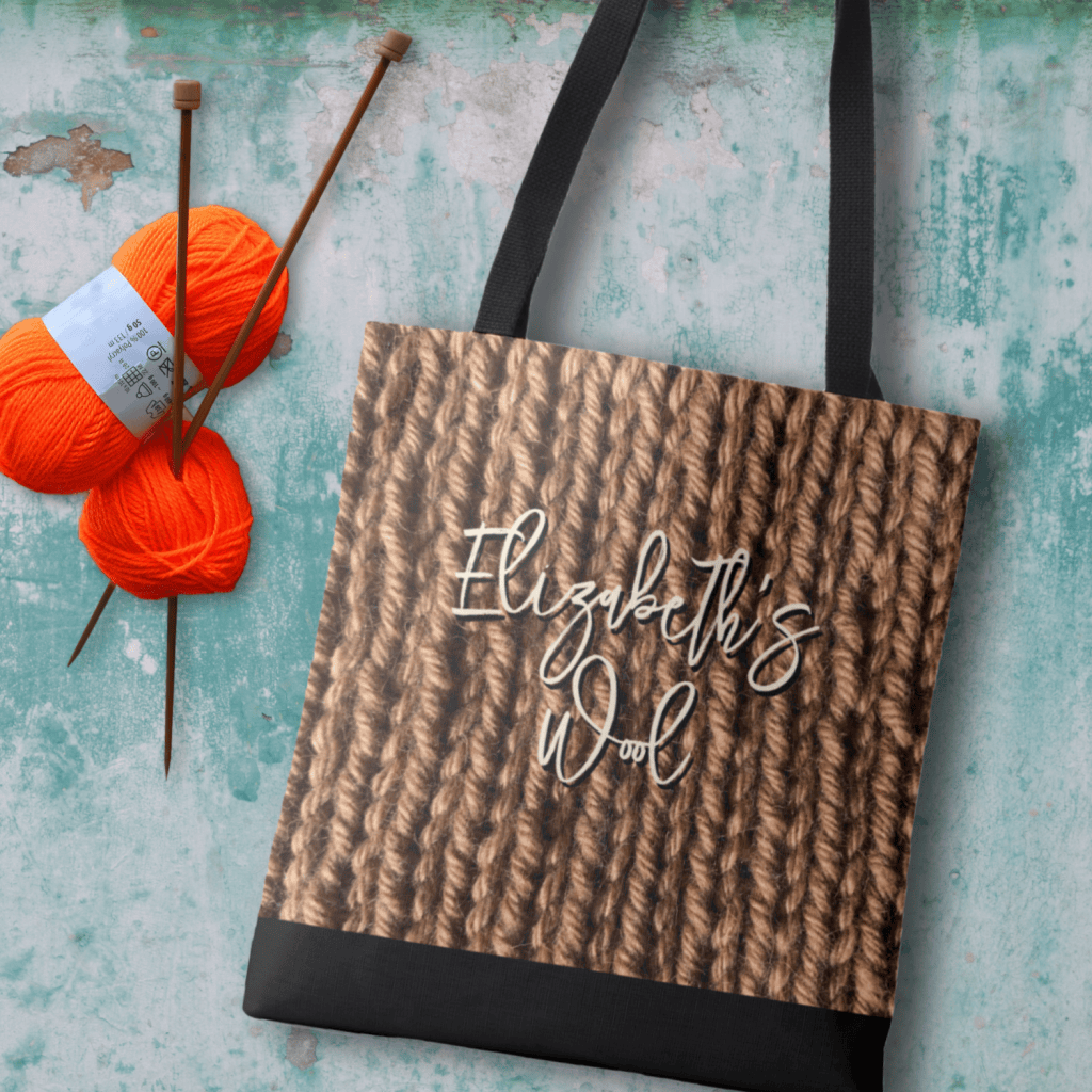 Knitting project tote bag with brown stitches all over