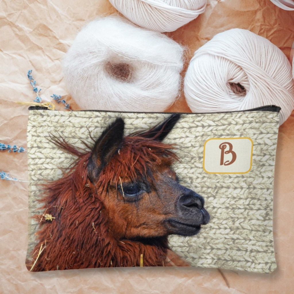 knitting zippered supplies tools bag with alpaca and initial
