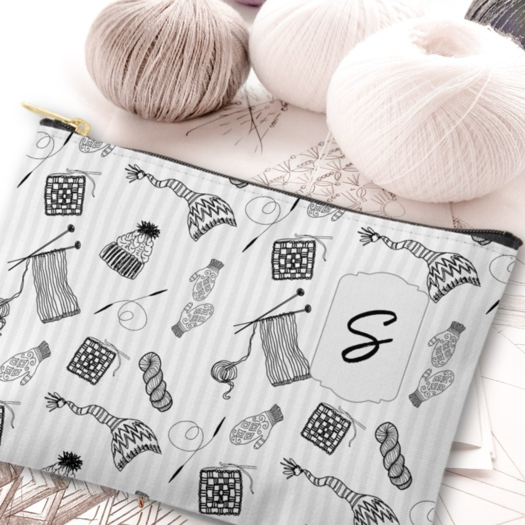 knitting artwork pattern zippered notions bag