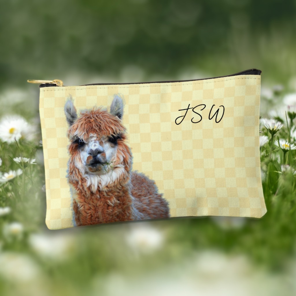 knitting project bag zippered with llama and monogram