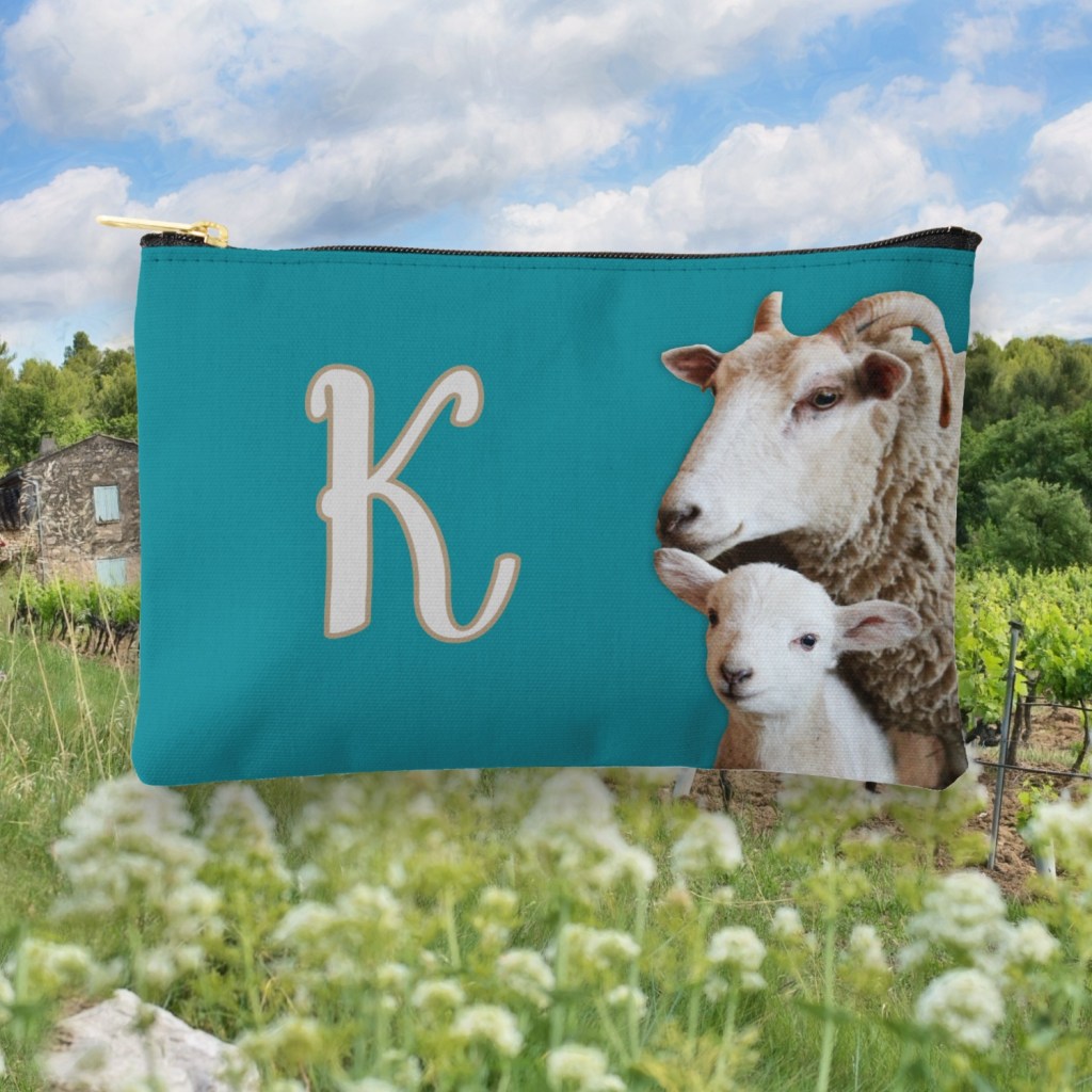 knitting zippered bag with sheep lamb and initial